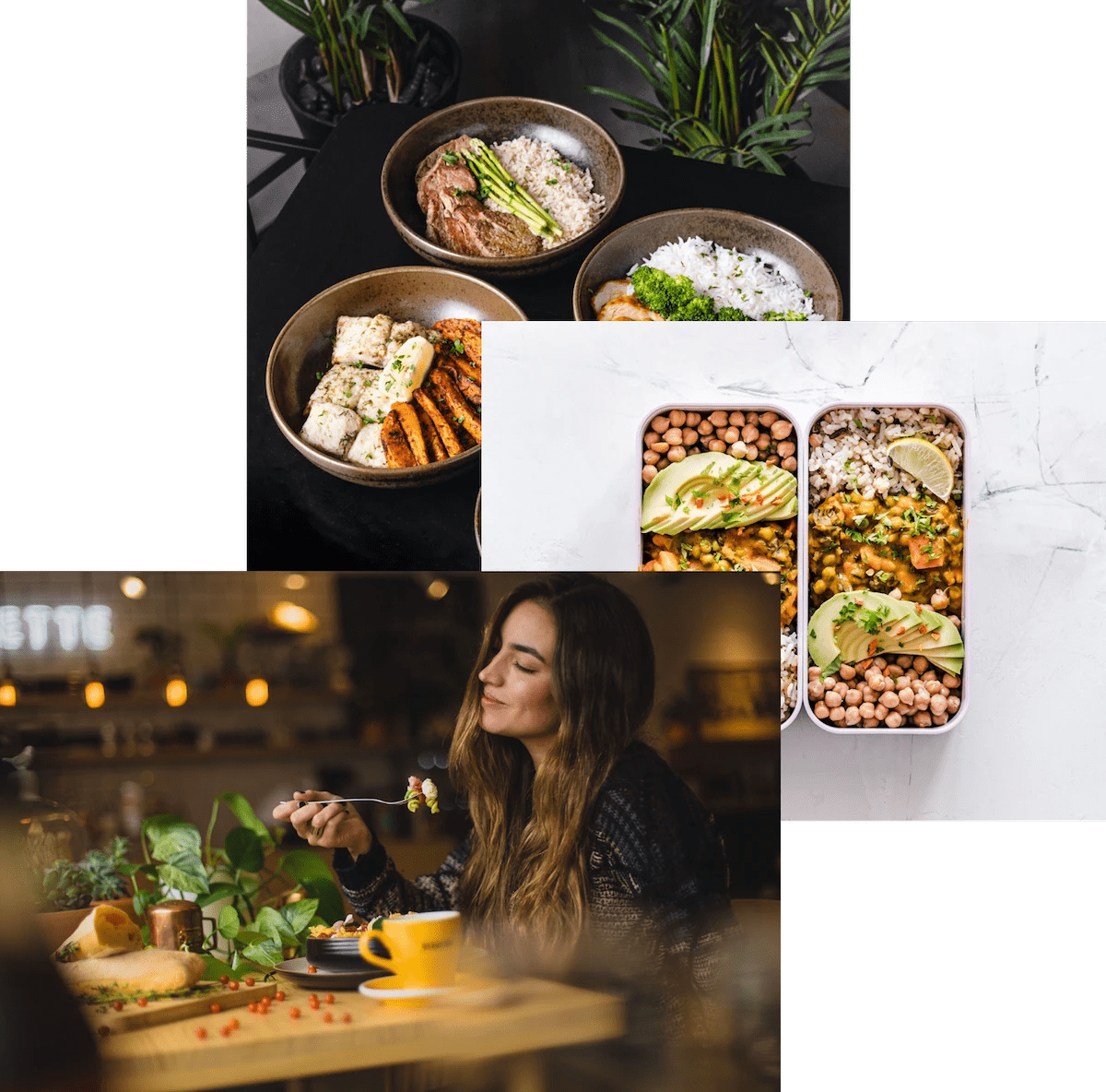 Woman enjoing food, meals in storage container, and food bowls on a table